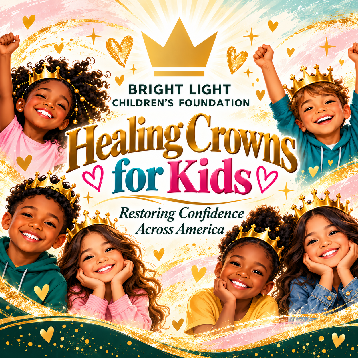 Bright Light Children's Foundation — Healing Crowns for Kids. Restoring Confidence Across America. Illustrated children wearing gold crowns.